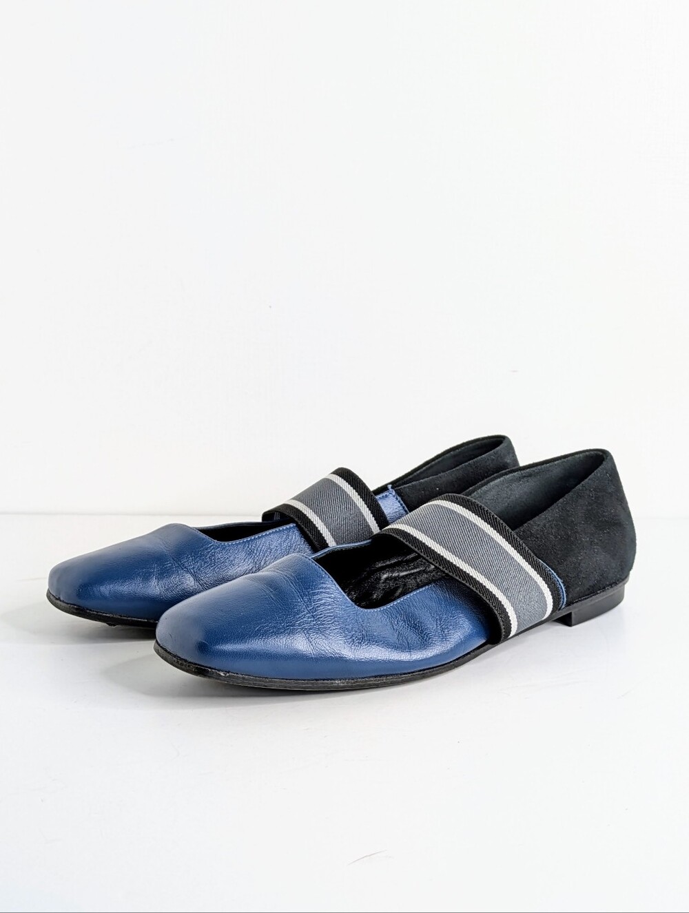 M. Gemi Ballare Mary Jane Flats 39 Blue Leather Black Suede Made in Italy 8.5